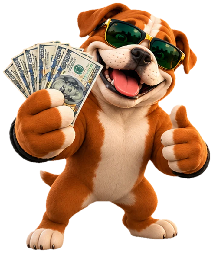 Rochester Car Deals bulldog holding cash and giving a thumbs up