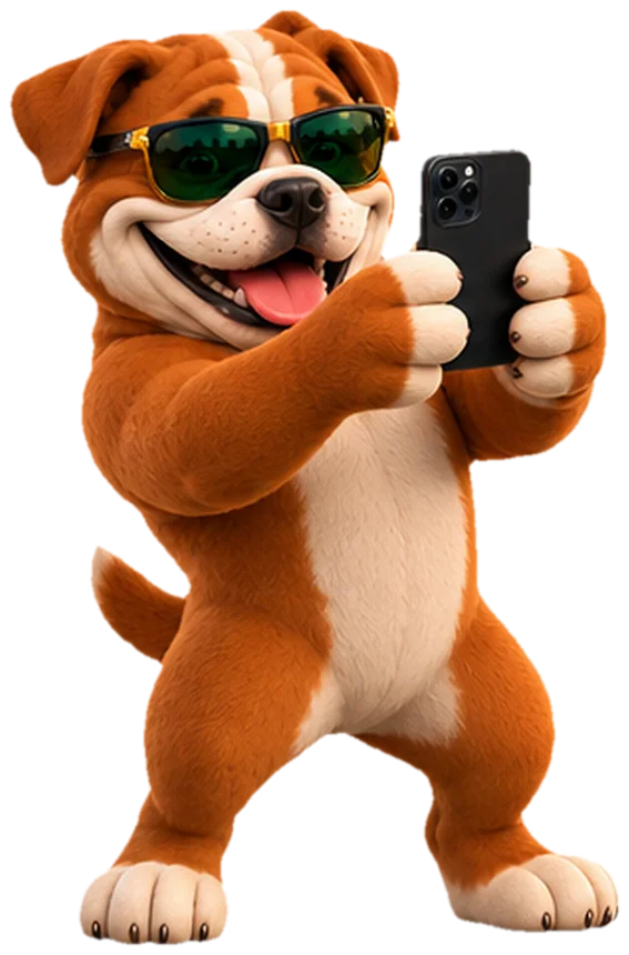 Bulldog mascot taking a photo with a phone