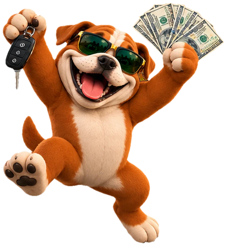 Bulldog mascot celebrating with cash and car keys